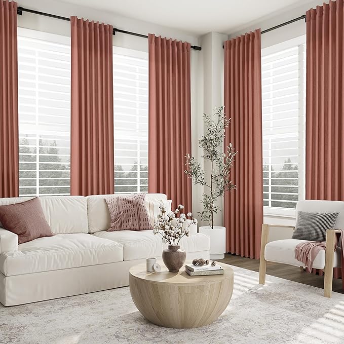 Aersas Canyon Rose Pinch Pleated Linen Curtains 96 Inch Length 2 Panels for Living Room Bedroom Semi Sheer Window Curtain Boho Neutral Back Tab Pinch Pleat Drape with Hooks 40x96