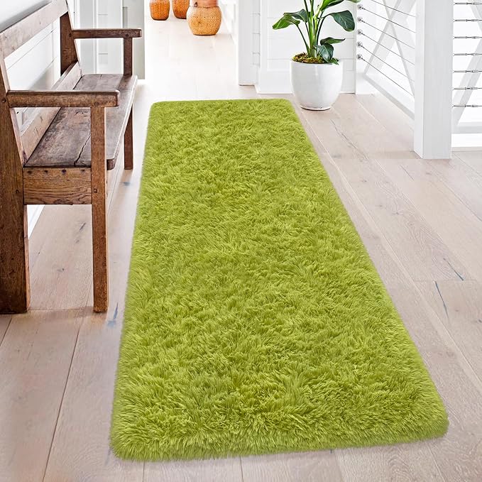 Soft Grass Green Fluffy Rug for Bedroom Living Room, 2x6 ft Fuzzy Green Shag Rug Runner Carpet for Hallways Entryway Nursery Bedside Kids Room Teen Dorm Home Decor Indoor