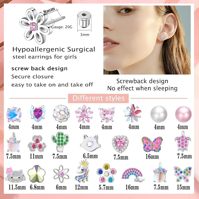 24 Pairs Stainless Steel Flat Back Earrings Set -Secure and Comfortable Screwback Earrings with Diverse Designs, Perfect for Multiple Piercings and Everyday Wear