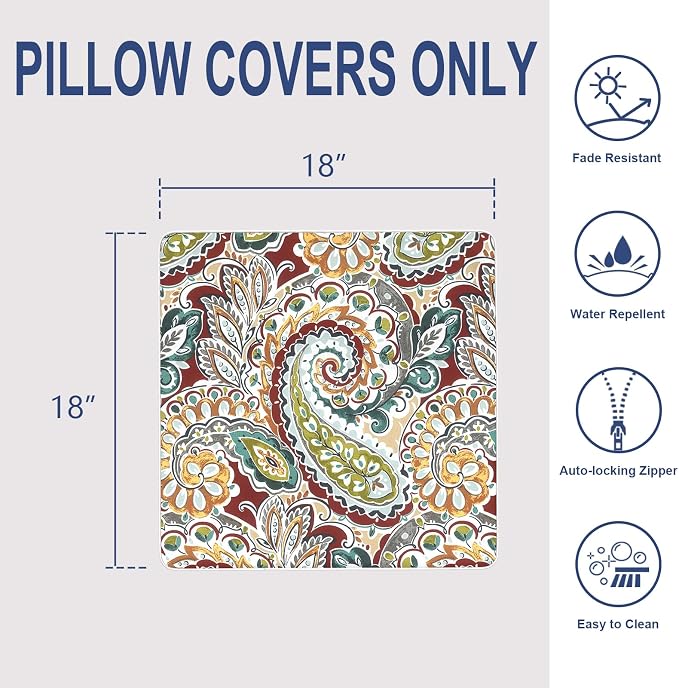 Outdoor Throw Pillow Covers Pack of 2, Decorative Water Repellent Square Pillow Cases with Piping 18x18 Inch, Paisley Chilli
