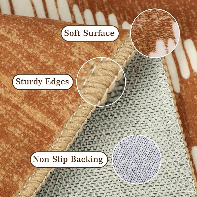 Moroccan Washable Area Rugs 3x5ft Non Slip, Low Pile Entryway Rug, Brown Boho Bedroom Carpets, Non Shedding Soft Floor Carpet for Dining Room Bathroom Kitchen Study Office