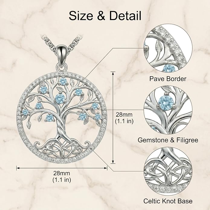ONEFINITY Tree of Life Necklace 18k White Gold Plated Tree of Life Birthstone Pendant Necklace Birthstone Jewelry Anniversary Birthday Gifts for Women Men