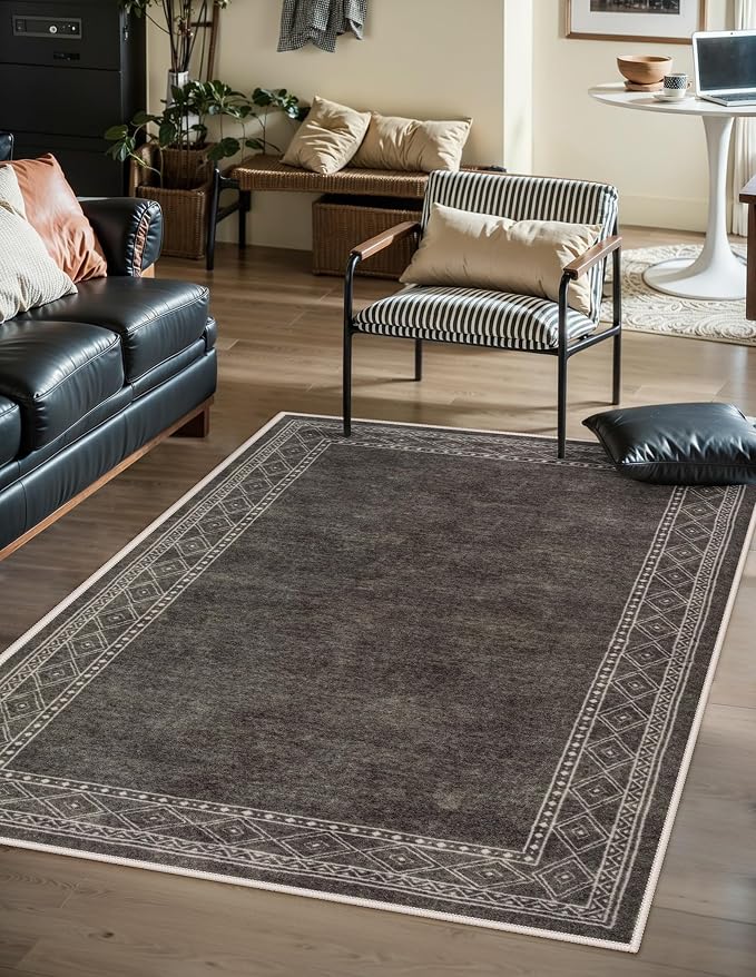 Lahome Modern Bordered Machine Washable Rug, Ultra-Thin Soft 3x5 Rugs for Entryway Bedroom, Non-Slip Stain Resistant Small Carpet for Laundry Entry（3'x 5',Brown