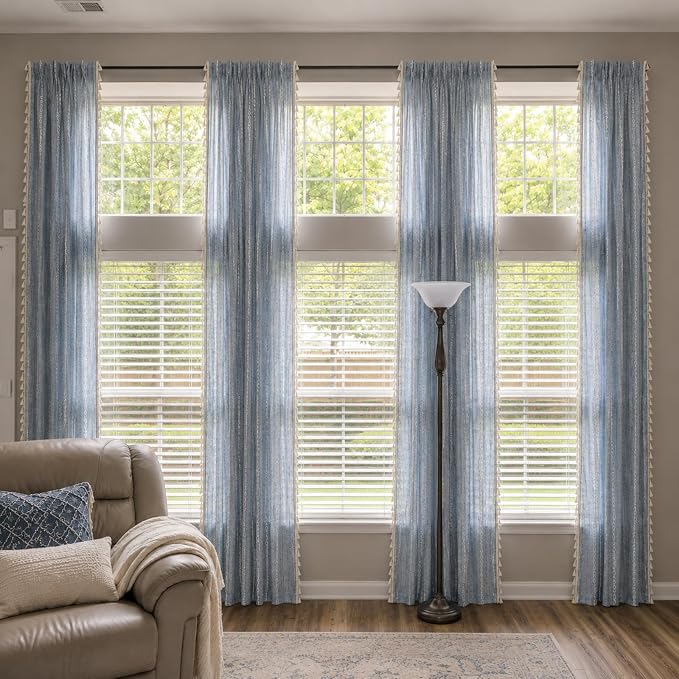ColorBird Boho Curtains for Bedroom, 96 inch Blue Striped Room Darkening Linen Curtains & Drapes, 2 Panels Embroidered Window Curtain Panels for Dining Living Room Nursery Doorways