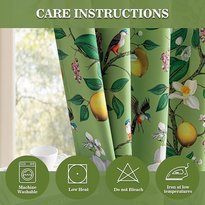 MYSKY HOME Floral Blackout Curtains 95 Inch Long for Living Room Vintage Farmhouse Room Darkening for Dining Room Bedroom Lemon Hummingbird Patterned Thermal Insulated Drapes, Pack-2, W52, Sage Green