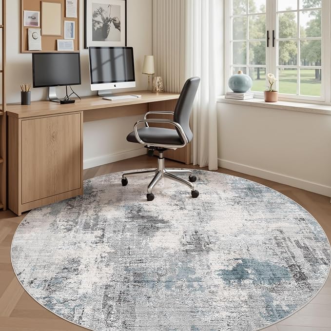 Abstract 6FT Round Rug: Machine Washable Non Slip Ultra Thin Low-Pile Carpet, Soft Stain Resistant for Living Room Bedroom Nursery, Kid Pet Friendly, Robot Vacuum Compatible - Grey Blue