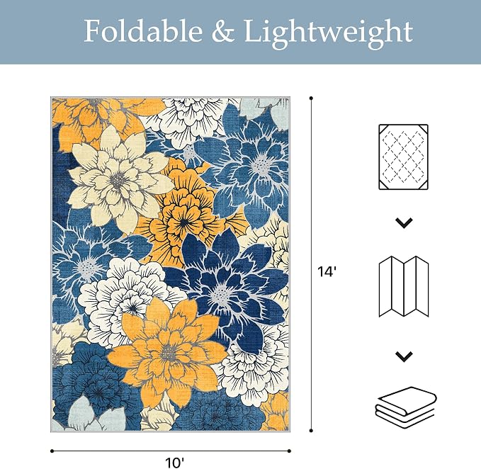 GENIMO 10x14 Outdoor Rug, Washable Quick Dry for Patio, Blue | Floral design for gazebo; lightweight chenille with quick-dry non-slip backing for indoor living spaces