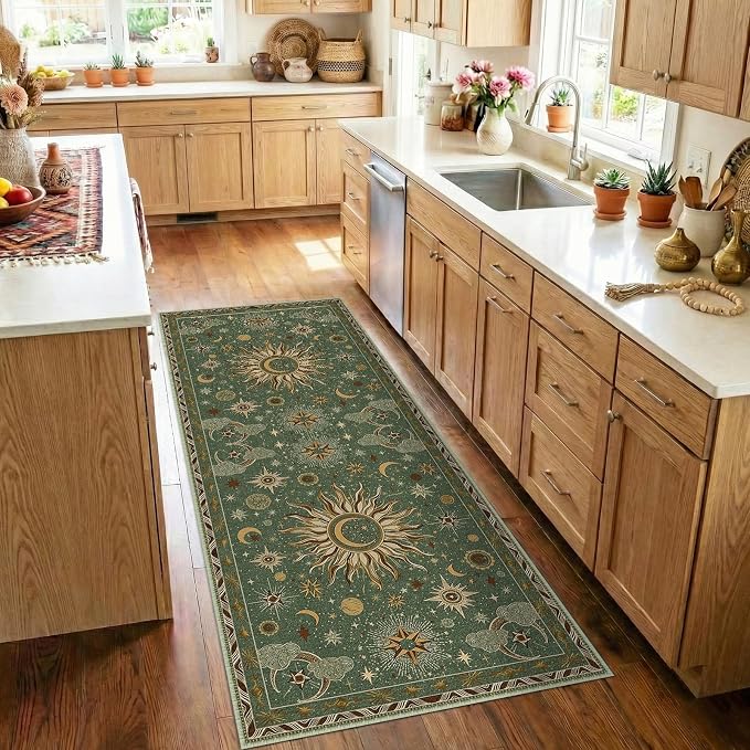 Vacuum-Friendly, 2x6 Washable Area Rug, Green Brown | Sun and Moon Boho Gothic Non-Slip Low Pile Living Roon Bedroom Dining Room Kitchen Entry Entryway Entrance Hallway Doormat