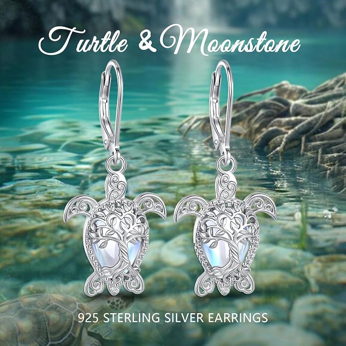 Vito 925 Sterling Silver Teardrop Earrings for Women, Moonstone Turquoise Drop Dangle Earrings Cat Snake Turtle Tree of Life Leverback Earrings Boho Jewelry Gift for Mom Wife
