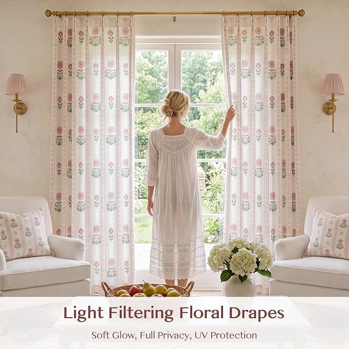 THREE GIRLS Pinch Pleated Light Filtering Linen Blend Floral Block Print Curtains for Girls Room, Nursery, Living Room, Modern Farmhouse, Memory Trained, Hooks, 2 Panels Set, 40"x95", Pink