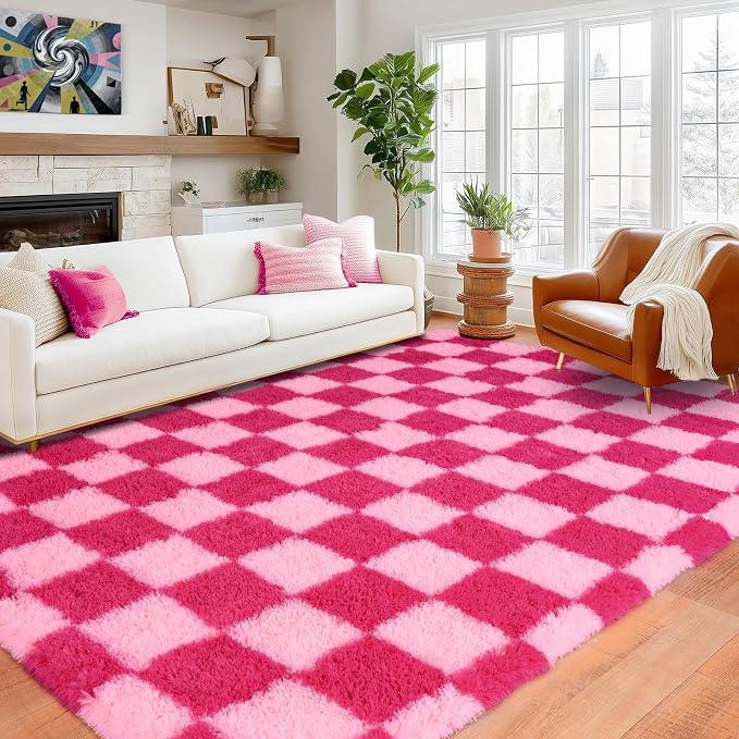 Pionblank 8x10 Area Rugs for Living Room, Fluffy Plush Checkered Rug for Bedroom, Modern Shag Non Slip Soft Furry Large Carpet for Kids Room Nursery Home Decor, Hot Pink