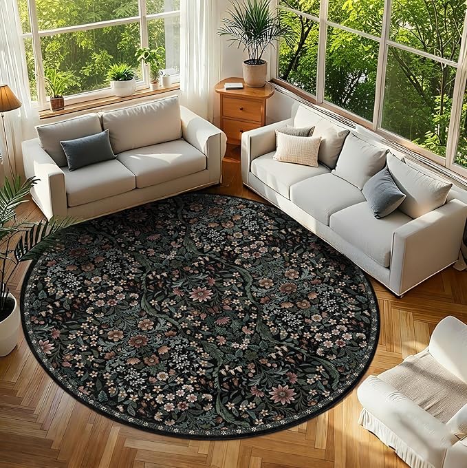 Round Rug 8ft Black Washable Floral Circle Rug,Vintage Boho Botanical Round Area Rugs, Non-Slip Soft Low-Pile Circular Carpet for Bedroom,Kids Room,College Dorm,Home Decor