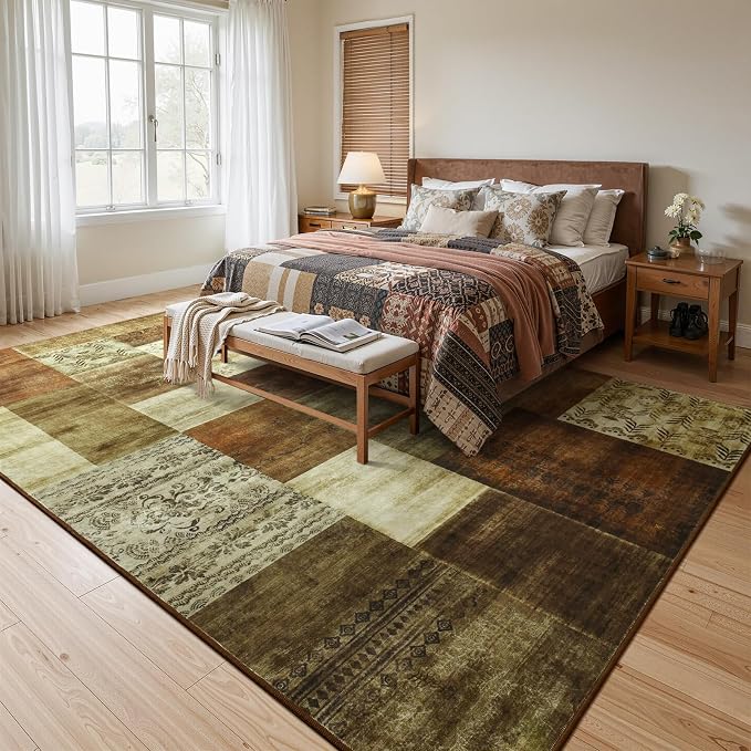 DweIke Washable Area Rugs 9x12 for Living Room, Large Modern Geometric Brown Soft Patchwork Carpet, Non-Slip Stain Resistant Throw Rug for Bedroom Dining Room Office Home Decor