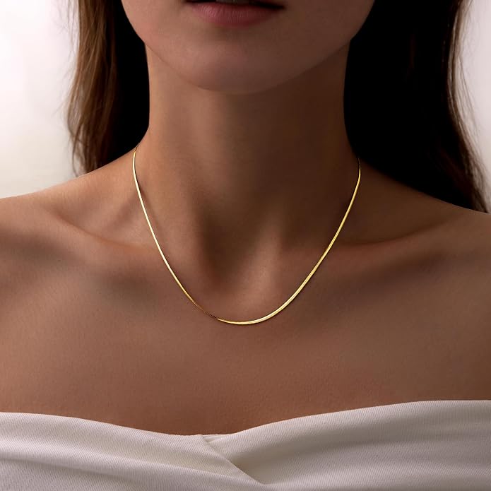 WomenGifts 14K Gold Silver Plated Herringbone Necklace for Women, Dainty Snake Chain Choker, Trendy Simple Long Layered Jewelry Non Tarnish, 3/4/5/8mm,14,16,18,20,22,24,26 Inch Thin & Chunky Options