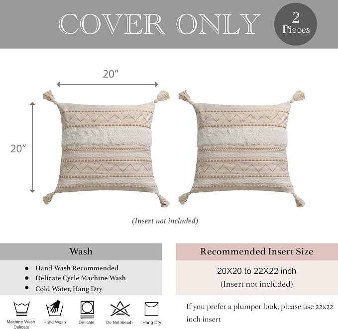 BlissBlush Decorative Throw Pillow Covers 20x20 Combo Set of 2 Square Cream Neutral White Boho Accent Pillowcase Tassels Farmhouse Cushion for Couch Sofa Bedroom Living Room Home Décor Cover ONLY