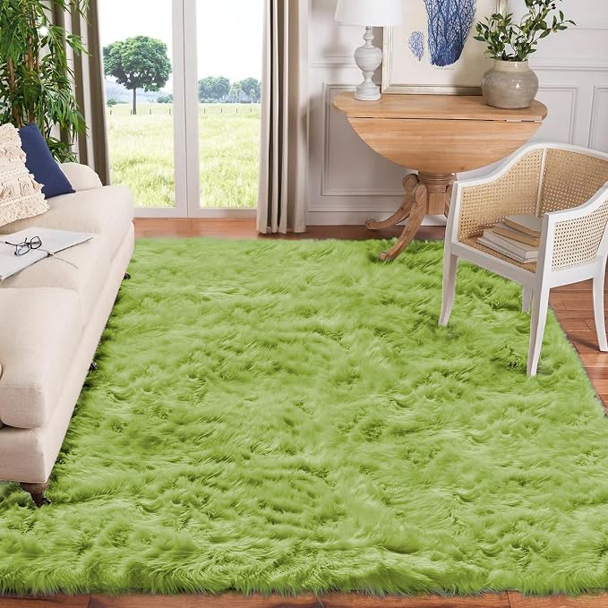 Goolela Lime Green Area Rug 9x12 Fluffy Fuzzy Furry Rug for Bedroom Living Room Shaggy Faux Sheepskin Fur Soft Rectangle