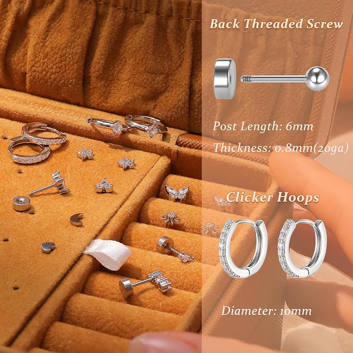 KRFY 25Pcs/17 Pairs Hypoallergenic Surgical Steel Earrings for Sensitive Ears 14K Gold Plated Flat Back Cartilage Earrings for Women Men Screw Back Flatback Stud Hoop Earring Set for Multiple Piercing