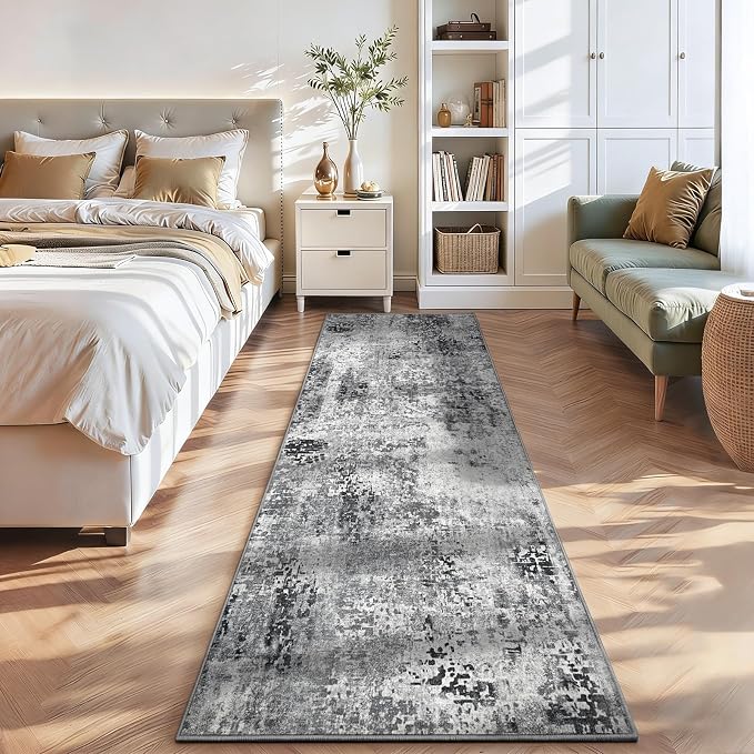 2x10 Grey Rug Runners for Hallways Kitchen Runner Rug Non Slip Washable Black Long Runner Rugs with Rubber Backing Soft Abstract Carpet Runner for Bedroom, Kitchen, Bathroom, Entryway