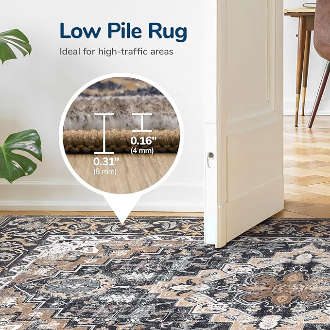 Lessymo Area Rugs 6x9, Machine Washable Area Rug, Super Soft Faux-Wool Area Rugs for Living Room Bedroom Kitchen, Boho Vintage Floral, Non-Slip Low Pile, Kid & Pet Friendly, Black Brown