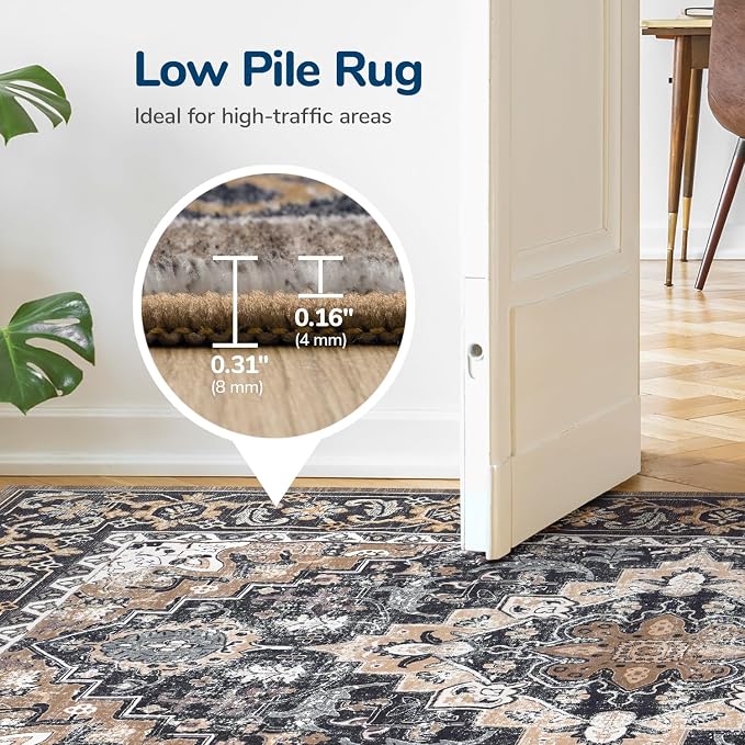 Lessymo Area Rugs 5x7, Machine Washable Area Rug, Super Soft Faux-Wool Area Rugs for Living Room Bedroom Kitchen, Boho Vintage Floral, Non-Slip Low Pile, Kid & Pet Friendly, Black Brown