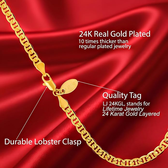 LIFETIME JEWELRY Gold Anklets for Women - 4mm Mariner Link Ankle Bracelet - 24K Real Gold Plated with Lifetime Replacement - Made in USA