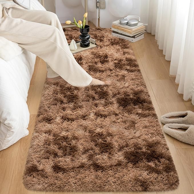 3x10 ft Plush High Pile Brown Tie Dyed Rug Fluffy Soft Runner Bedside Rug for Bedroom Living Room Hallway Nursery Kids Home Decor Shag Carpet