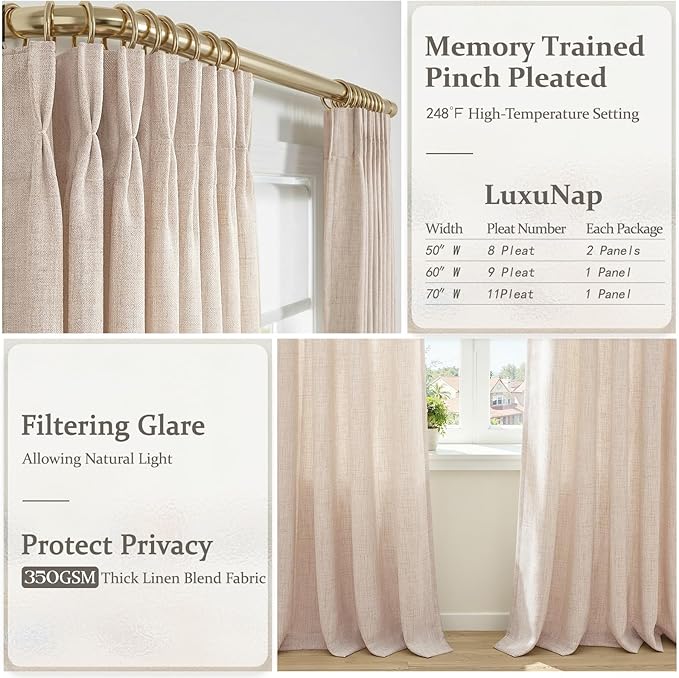 108 Inch Extra Long Memory Trained Pinch Pleated Curtains for Sliding Glass Door, Natural Linen Semi Sheer Light Filtering Privacy Curtain Dining Room Luxury Windows Drapes 2 Panels Set 50"W x 108"L