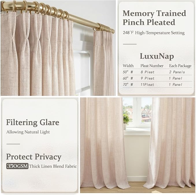 Extra Long 120 Inch Natural Linen Large Living Room Curtains 2 Panels Set, Memory Trained Pinch Pleated Semi Sheer Decorative Curtain Light Filtering Bedroom High Ceiling Windows Drapes 10FT Length