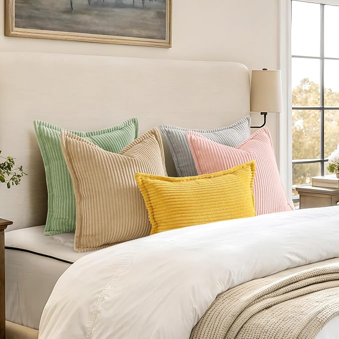 decorUhome Fall Corduroy Mustard Yellow Throw Pillow Covers 12x20 Set of 2 | Lumbar Couch Decorative Soft Modern Boho Farmhouse Pillow Covers Broadside Striped Pillow Cases for Living Room Bed Sofa