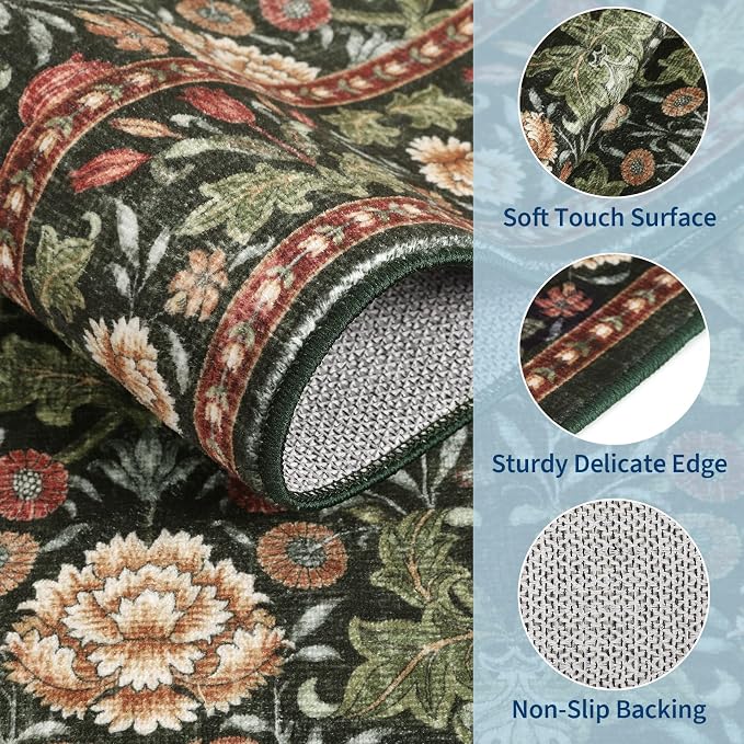 GarveeHome Small Forest Green Entryway Rug, 2x3 Washable Front Door Rug Indoor Entrance Floral Carpet Non-Slip Low Pile Throw Rugs for Kitchen Floor, Powder Room, Entry, Bathroom, Kids Room