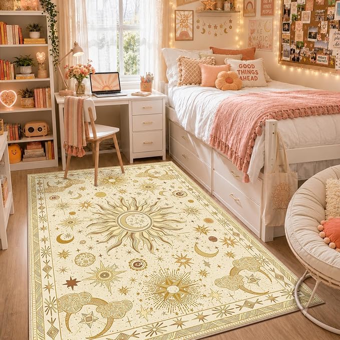 Vacuum-Friendly, 5x7 Washable Area Rug, Beige Camel Brown | Sun and Moon Boho Gothic Non-Slip Low Pile Living Roon Bedroom Dining Room Kitchen Entry Entryway Entrance Hallway Doormat