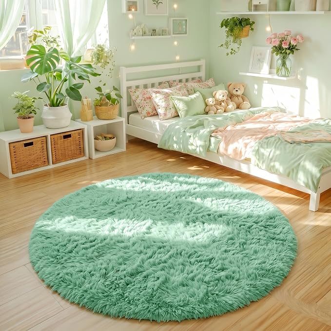 Amdrebio Sage Green Round Rug 4Ft for Bedroom Aesthetic, Fluffy Furry Circle Rugs for Nursery, Classroom, Teen Boys, Baby Kids Room Decor, Cute Shaggy Area Rug for Dorm, Fuzzy Plush Light Mint Carpet