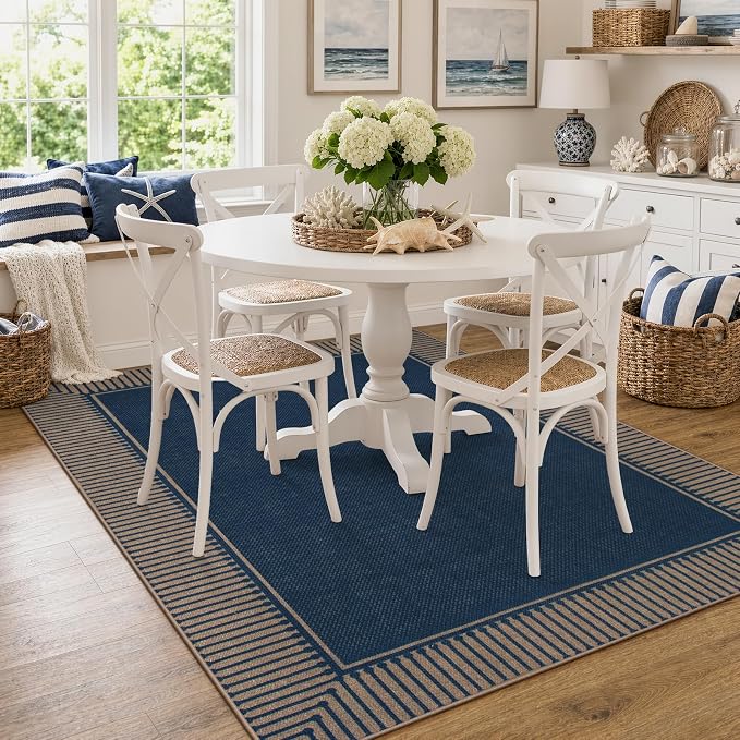 Moynesa 5x7 Rug for Living Room, Blue Striped Border Easy Jute Washable Indoor Outdoor Patio Area Rugs, Farmhouse Neutral Non Slip Carpet for Bedroom Dining Room Backyard