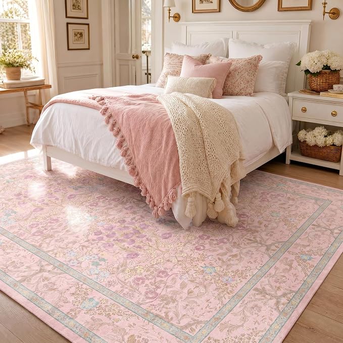 Washable Light Pink Living Room Area Rug 6x9, Boho Botanical Area Rug for Bedroom, Kitchen Table, Nursery, Home Office - Low Pile Non-Slip Vintage Carpet - Soft Farmhouse Accent Mat