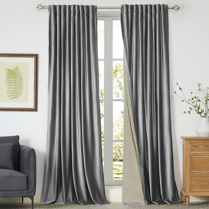 100% Blackout Grey Velvet Curtains 102 inch Long for Living Room,Elegant 2 Panel Back Tab Thermal Insulated Room Darkening Curtain with Liner Heavy Noice Reducing Soundproof Window Drapes for Bedroom
