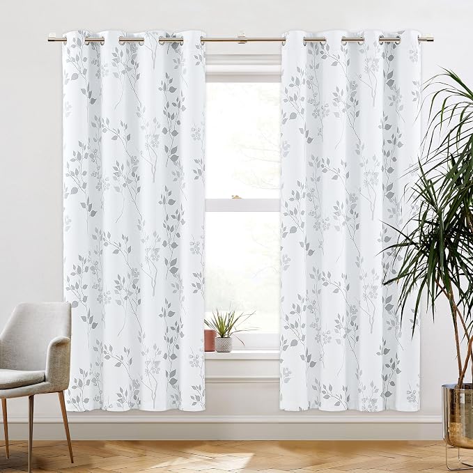 Beauoop Floral 100% Blackout Curtains for Bedroom Grey White 52X72 2 Panels | Flower Patterned Room Darkening Drapes for Living Room 72 Inches Long Thermal Insulated Soundproof Window treatment Grommet