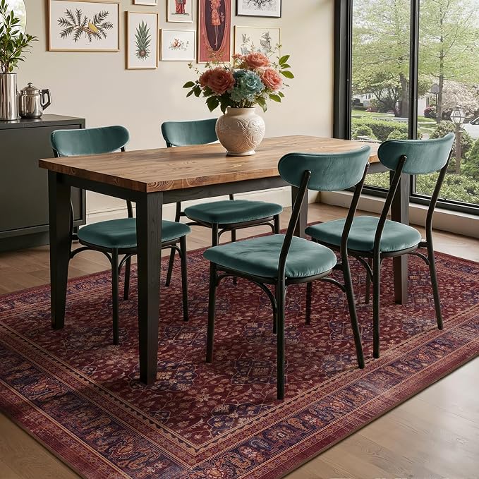 Amber Red 5x8 Area Rug Living Room, Vintage Distressed Boho Floral Trellis Purple Accents Dining Room Rugs for Under Table, Washable Non Slip Thin Carpet Rug for Den/Home Office/Kitchen/Foyer
