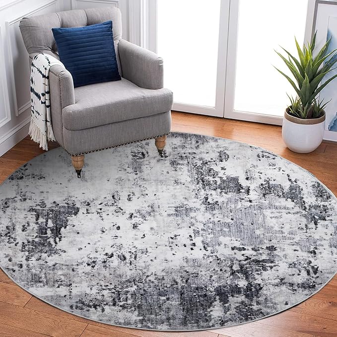 ROYHOME Modern Abstract 4x4 Round Area Rug Non Slip Non Shedding Rug Low Pile Stain Resistant for Bedroom Living Room Office Dining Room,Grey