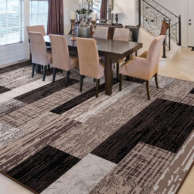 FlyDOIT Modern Geometric Patchwork Area Rug, 4x6 Chocolate Large Rugs for Living Room, Rockwood Collection Indoor Rugs for Bedroom, Throw Carpet Floor Decor for Entryway Dining Room Office Nursery