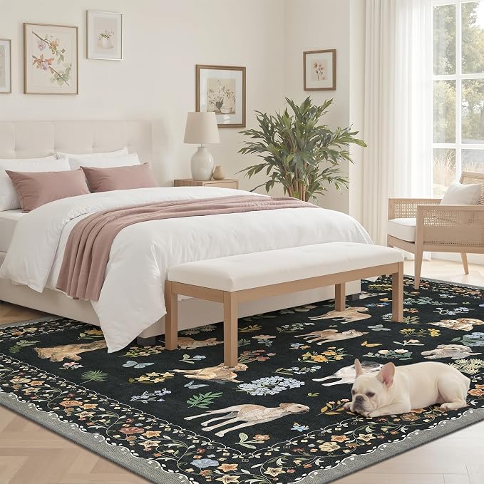 Soalmost Dog 5x7 Area Rugs for Living Room, Washable Animal Soft Rug Black | Floral Vintage Non-Slip Low Pile Cute Throw Rugs for Kitchen Dining Room Bedroom Nursery Playroom 5' x 7'