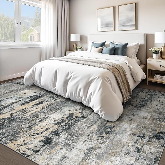 pmtsns Area Rugs 10x14 Living Room: Washable Rug Modern Abstract Neutral Soft Non-Slip Low-Pile Indoor Large Carpet for Bedroom Dining Room Playroom Home Office (Black Grey Brown, 10'x14')