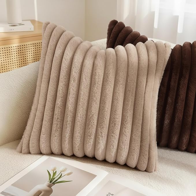 decorUhome Fall Faux Fur Throw Pillow Covers 12x12 Set of 2 Khaki Brown | Decorative Soft Cozy Striped Plush Modern Farmhouse Boho Couch Pillow Cases Velvet Back for Sofa Bed Living Room Home Decor
