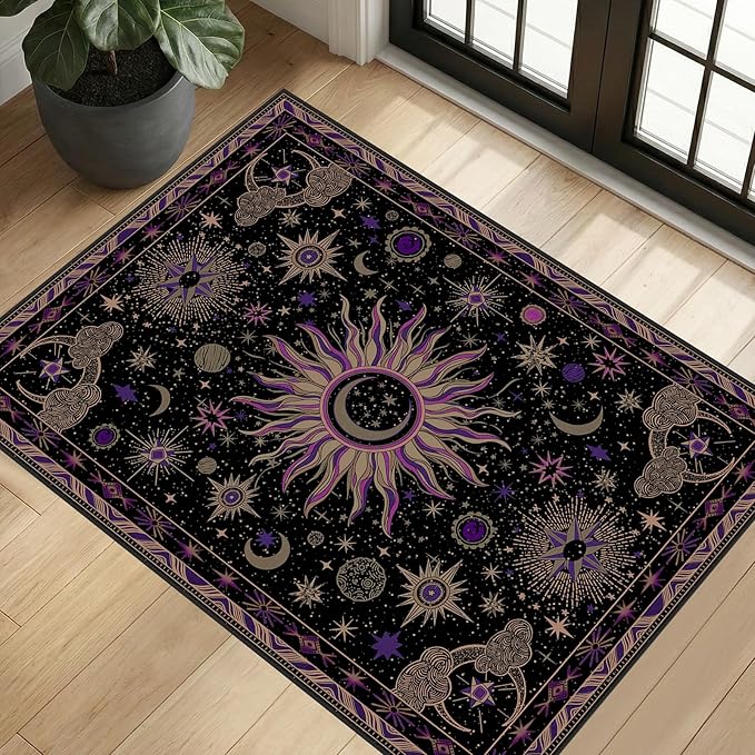 Vacuum-Friendly, 2x3 Washable Area Rug, Black Purple Beige | Sun and Moon Boho Gothic Non-Slip Low Pile Living Roon Bedroom Dining Room Kitchen Entry Entryway Entrance Hallway Doormat