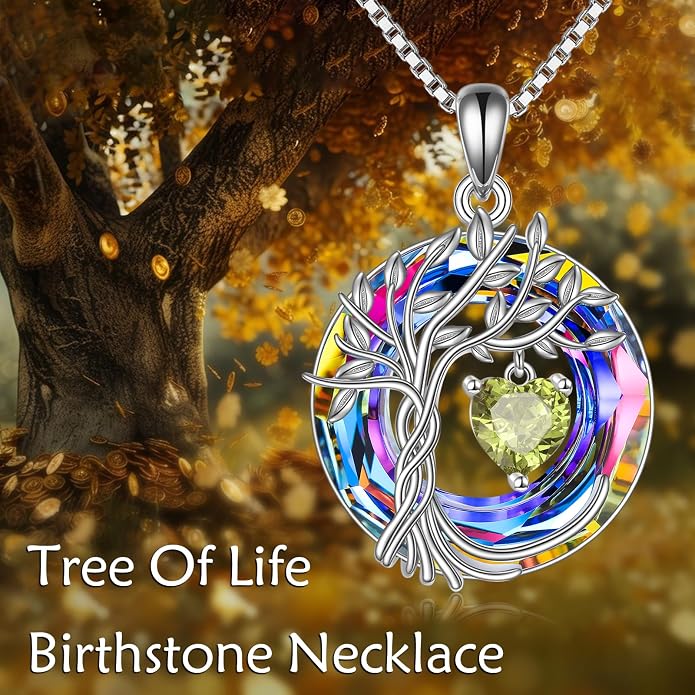 POPLYKE Mothers Day Gifts for Mom Her Wife Tree of Life Necklace 925 Sterling Silver Birthstone Pendant with Crystal Anniversary Birthday Wedding Jewelry for Women