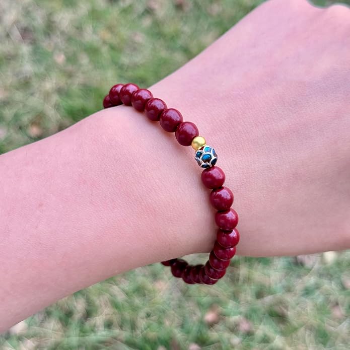 LINGYUAN Feng Shui Wealth and Luck Bracelet with Gold Foil Five Gods Amulet-Red Agate Cinnabar Gemstone Bracelet for Prosperity, Protection & Success, Lucky Charm Gift for Men & Women