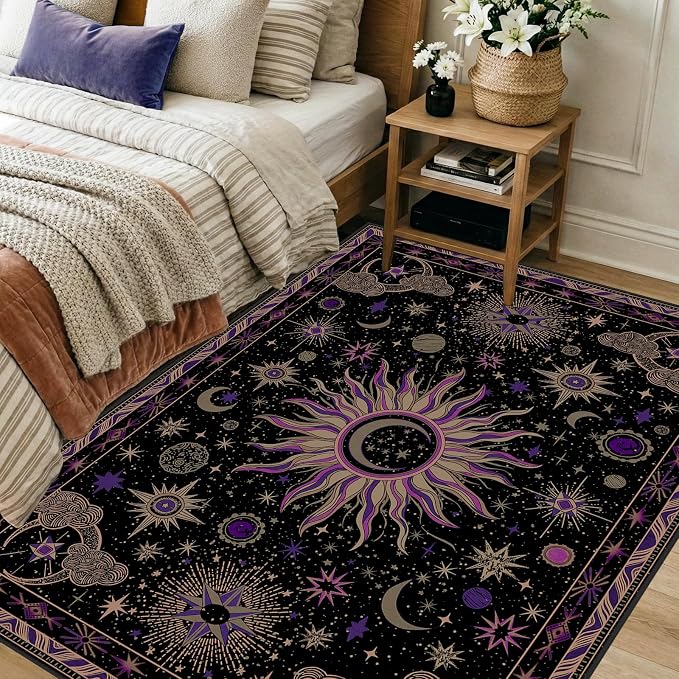 Vacuum-Friendly, 4x6 Washable Area Rug, Black Purple Beige | Sun and Moon Boho Gothic Non-Slip Low Pile Living Roon Bedroom Dining Room Kitchen Entry Entryway Entrance Hallway Doormat