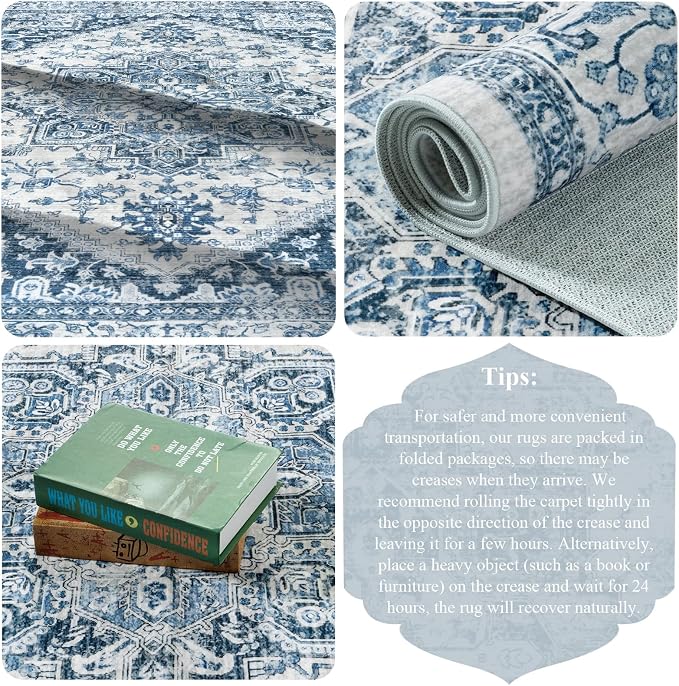 LIVEBOX Blue Washable Area Rug 8x10 - Large Vintage Tribal Living Room Rug Oriental for Bedroom, Non-Slip Retro Medallion Carpet Print Distressed for Dining Room Guest Office