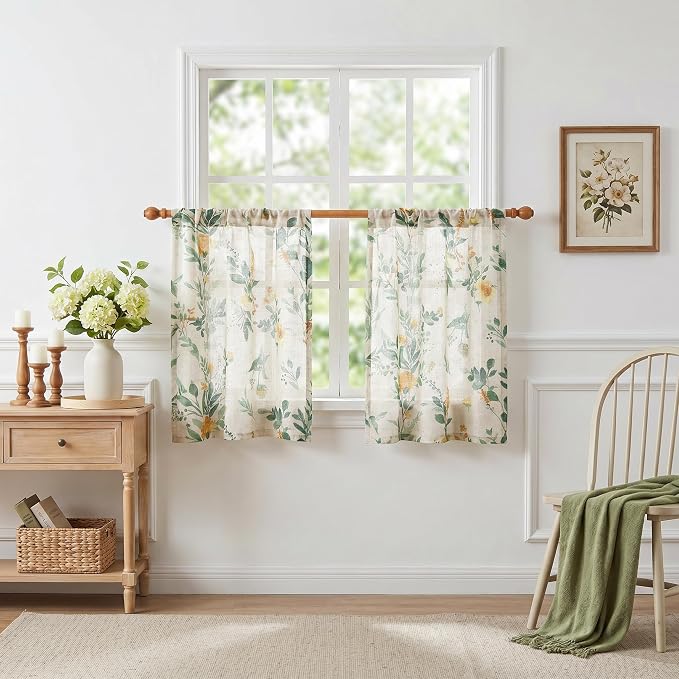 MYSKY HOME Floral Kitchen Curtains 36 Inches Linen Tier Curtains Farmhouse Green Flower Patterned Small Window Treatments Airy Light Filtering Rod Pocket for Living Room Bathroom 2 Panels, Each 26" W