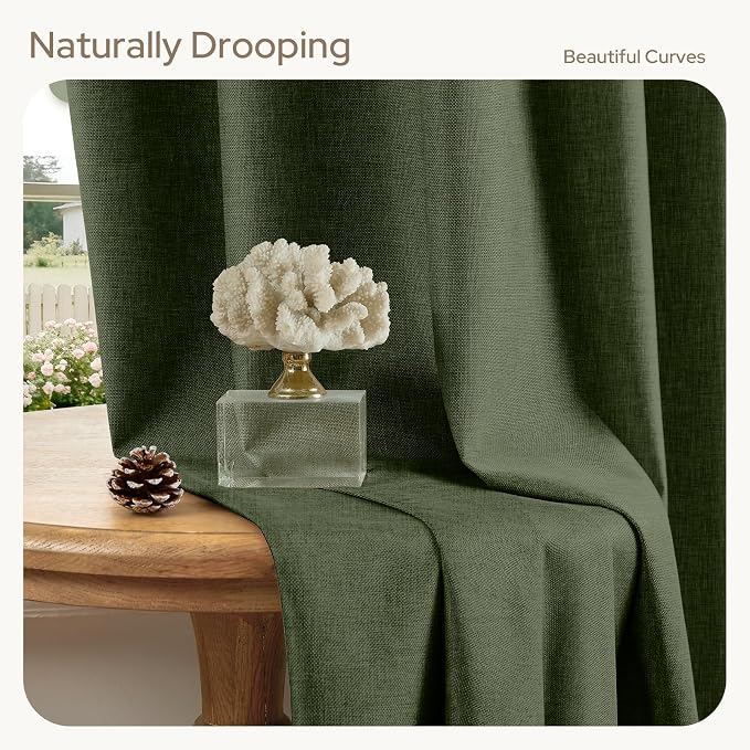 HOMEIDEAS 100% Blackout Faux Linen Olive Green Curtains，Modern Farmhouse Luxury Winter Curtains 63 Inches Long 2 Panels, Rod Pocket & Back Tab for Boho Vintage Living Room,Bedroom Decor