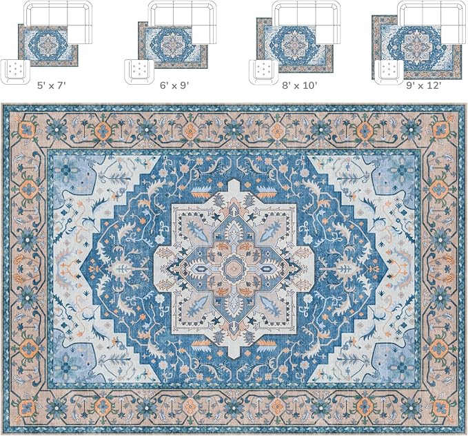 Lessymo 5x7 Area Rugs- Machine Washable Area Rugs, Super Soft Faux-Wool Area Rug for Living Room Bedroom, Boho Area Rug Vintage Floral Medallion Non-Slip Low Pile, Kid & Pet Friendly, Blue Brown